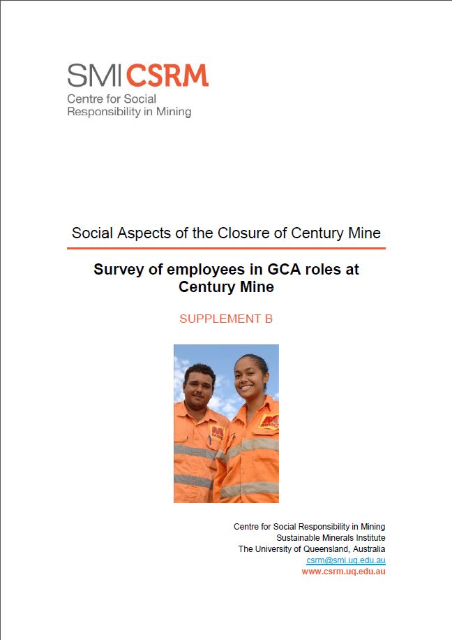 Social aspects of the closure of Century Mine: survey of employees in GCA roles at Century Mine